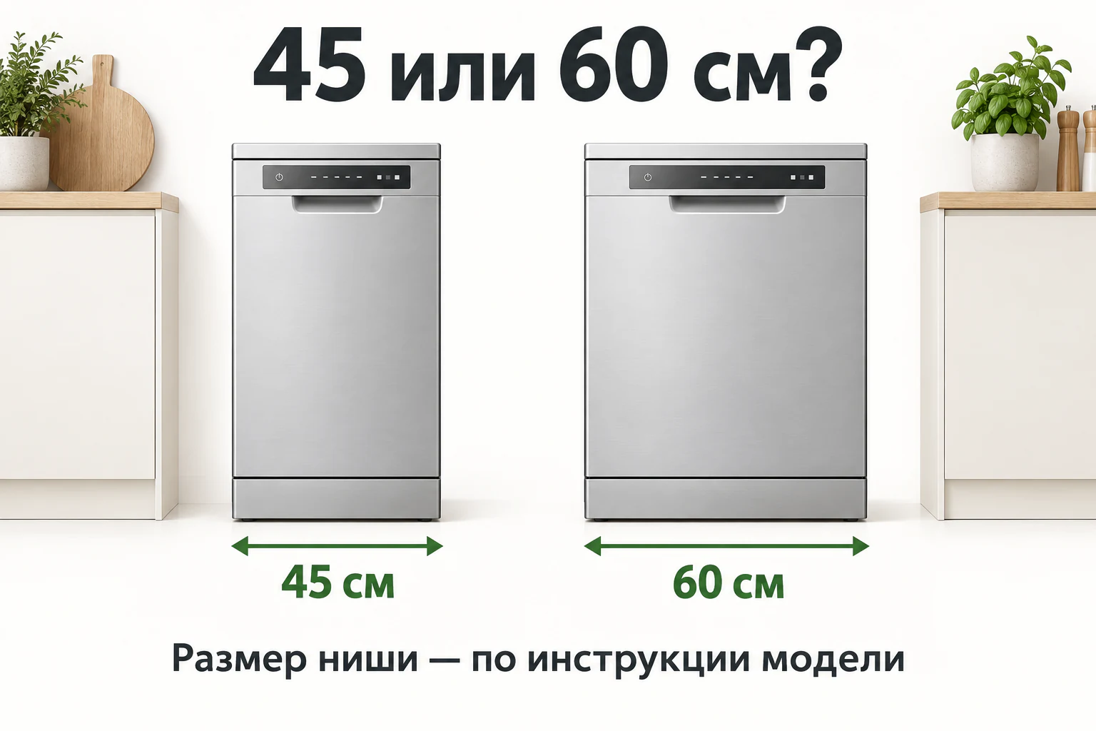 Схематичное сравнение посудомоечных машин 45 и 60 см с напоминанием проверить размер ниши по инструкции