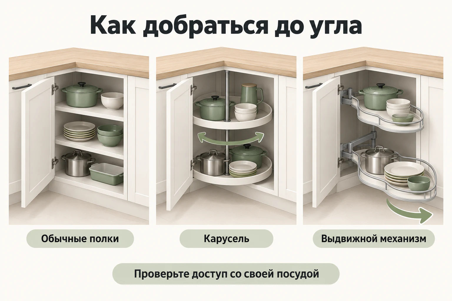 Обычные полки, карусель и выдвижной механизм углового шкафа